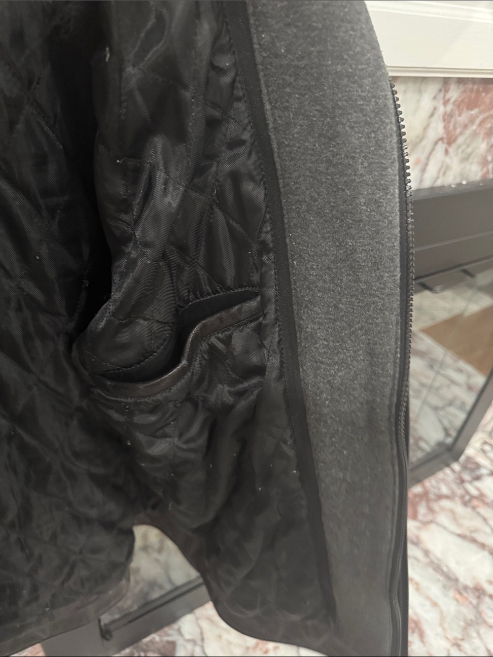 GUESS Black Leather Military-Style Jacket with Gray Knit Hood - Picture 6 of 6